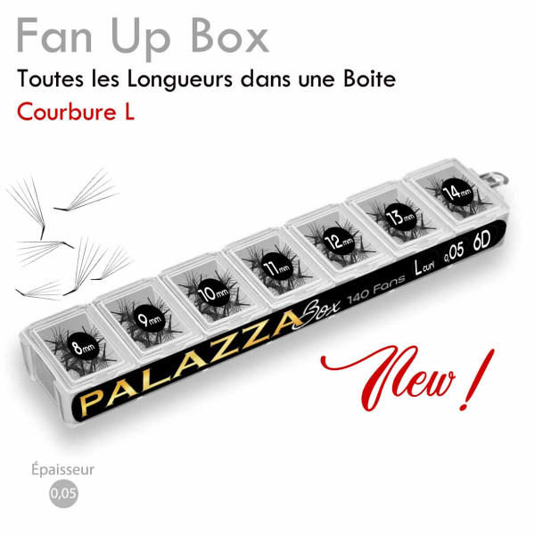 FanUp Box : Une boite de bouquets préfaits 6D pour Extension de Cils Fox Eyes, toutes les longueurs de fans en courbure L