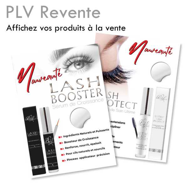 Fiche de Présentation , PLV Lash Booster et Coating Ultim Lash Protect , revente extension Cils salon de beauté